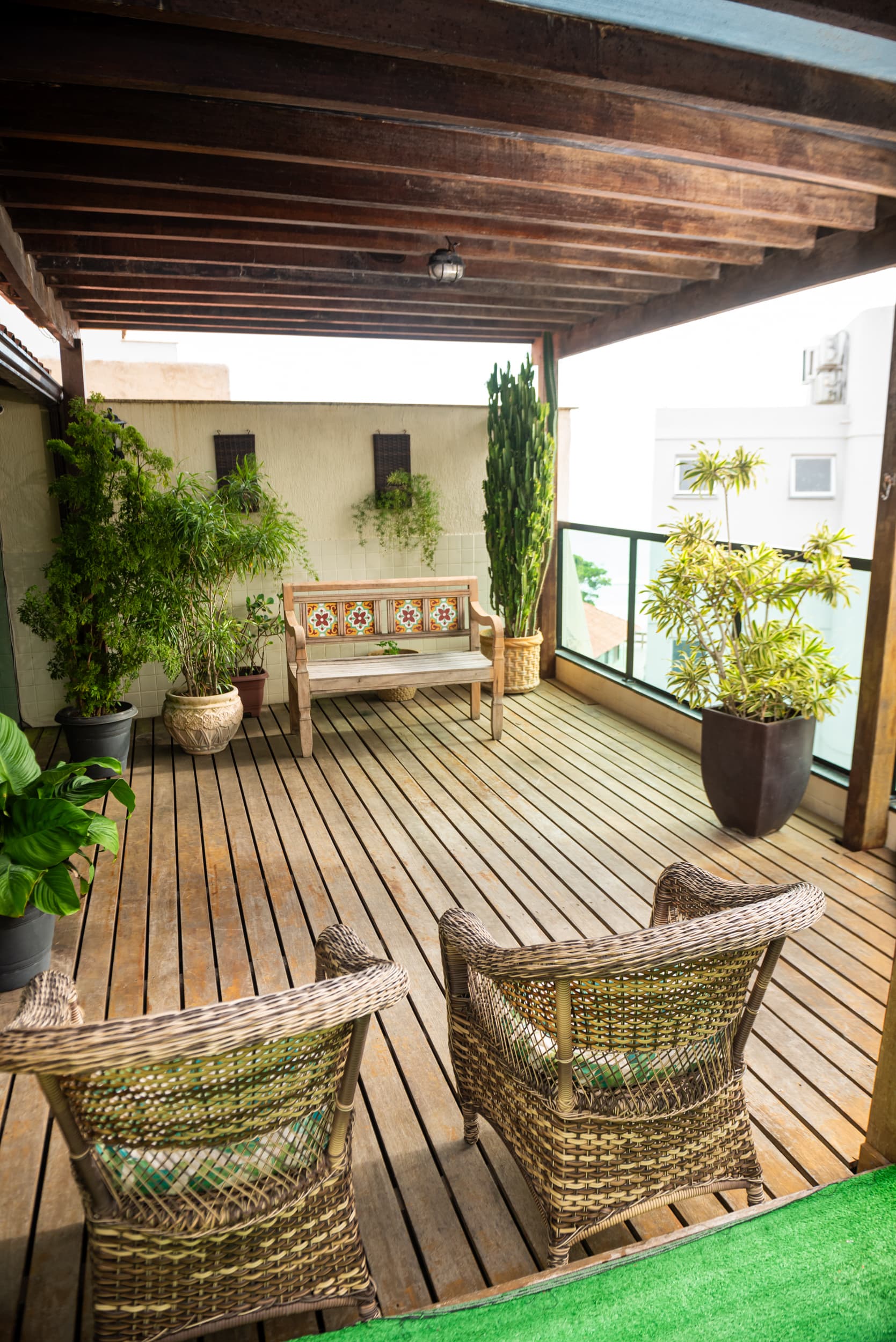 Outdoor dining area at sunset