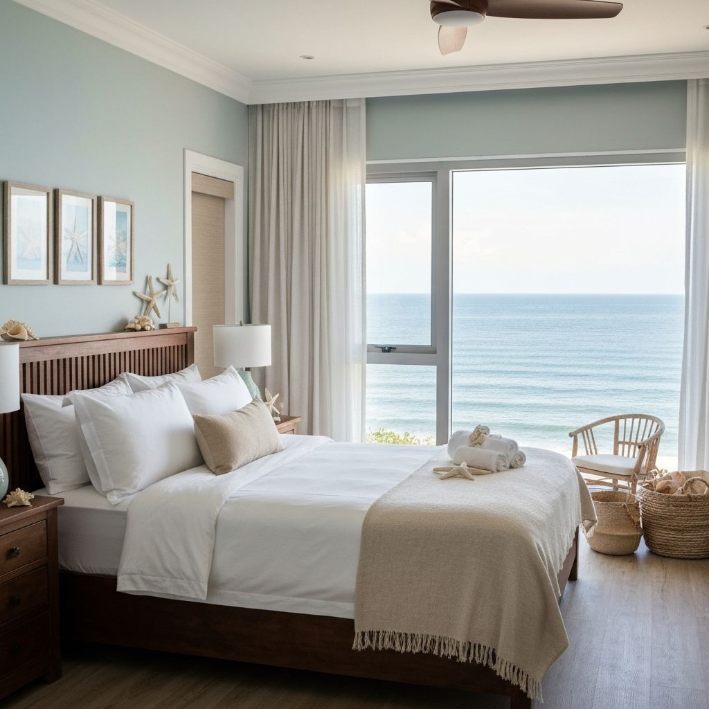 Refúgio Costeiro - Inspirado no mar, este quarto apresenta tons azuis relaxantes, roupas de cama premium e uma área de estar privativa com vista para o oceano.