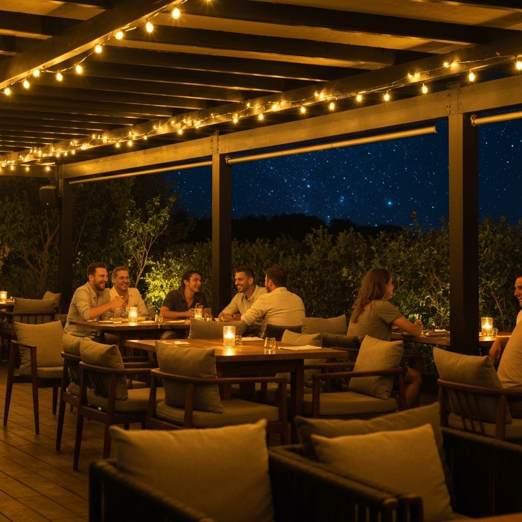 Outdoor dining area at sunset